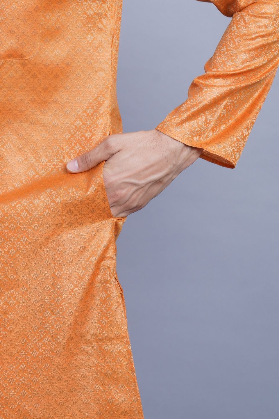 WINTAGE Men's Banarasi Art Silk Cotton Blend Festive and Casual Long Indian Kurta Comfy Sleepset Top : Orange 