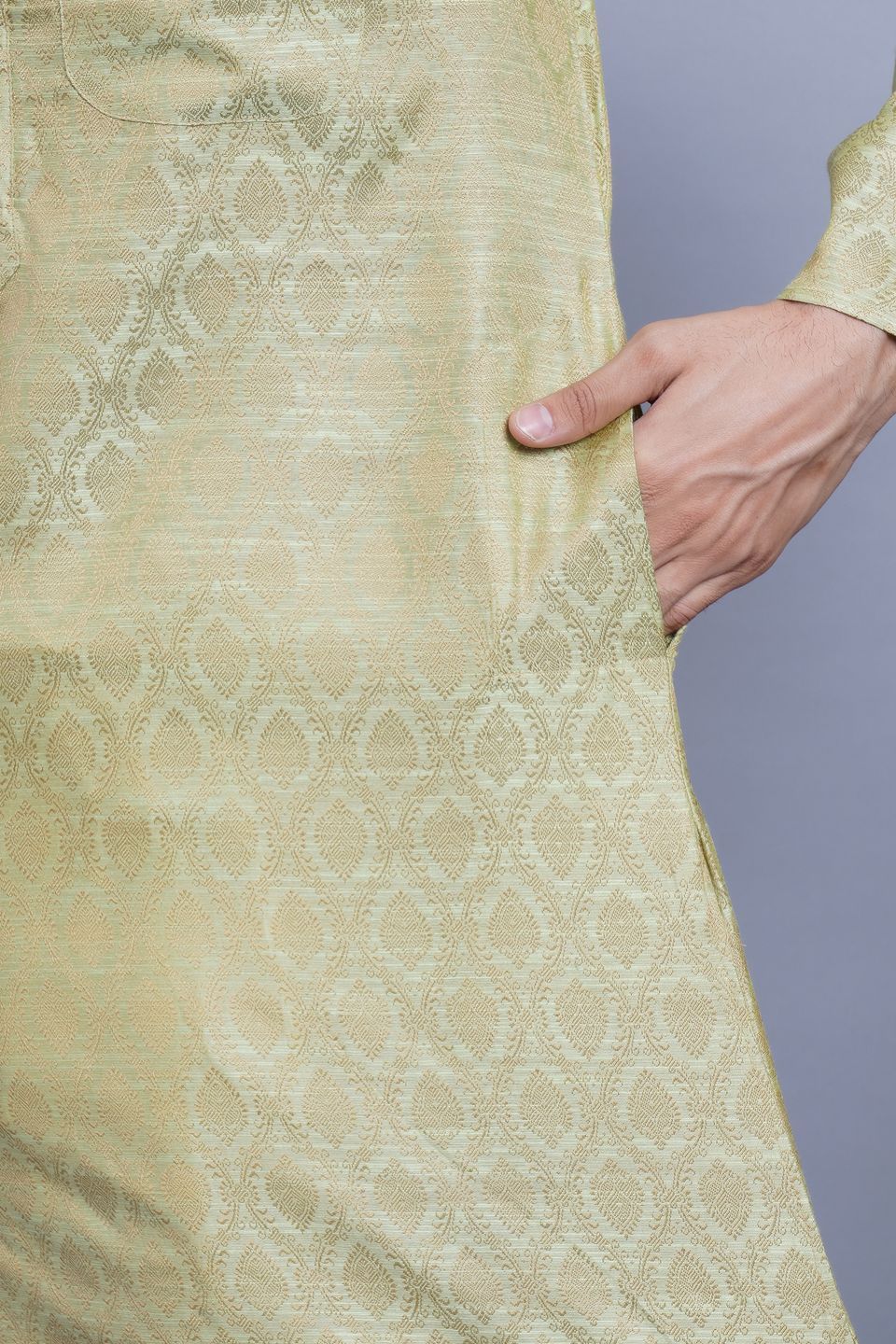 WINTAGE Men's Banarasi Art Silk Cotton Blend Festive and Casual Long Indian Kurta Comfy Sleepset Top : Green 