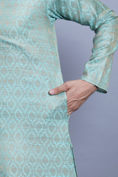 WINTAGE Men's Banarasi Art Silk Cotton Blend Festive and Casual Long Indian Kurta Comfy Sleepset Top : Torquoise