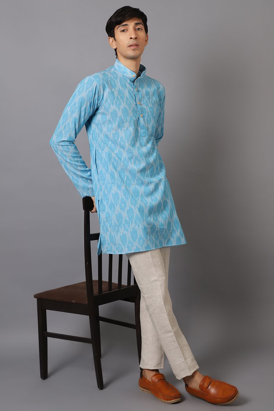 Ikat Cotton Sky Blue Long Kurta 