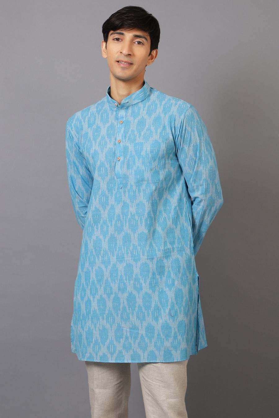 Ikat Cotton Sky Blue Long Kurta 