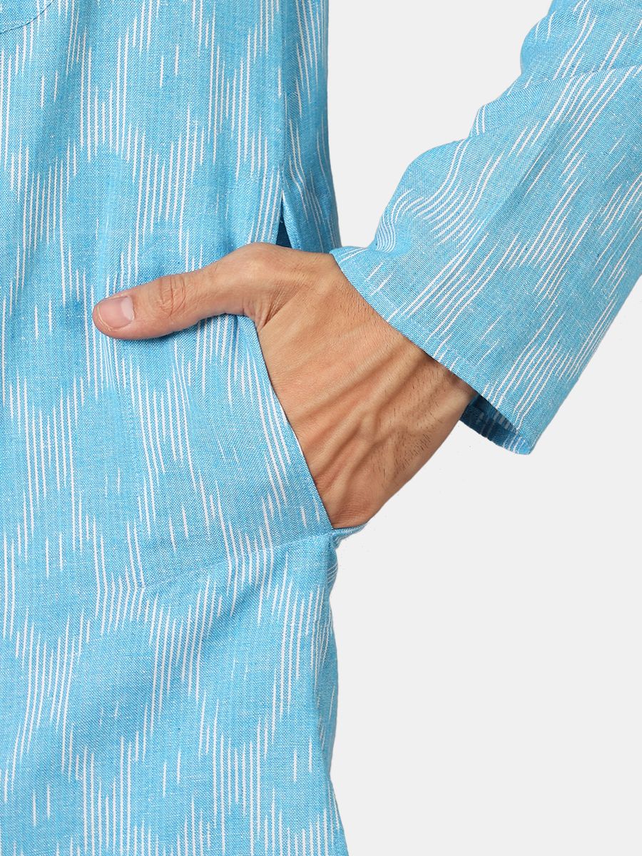 Ikat Cotton Sky Blue Long Kurta 
