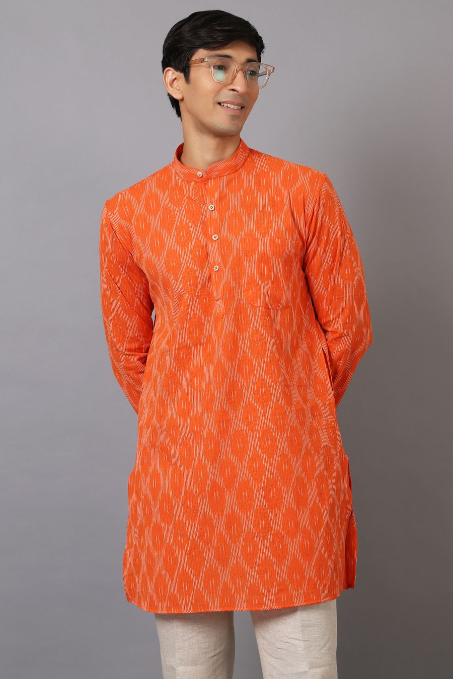 Ikat Cotton Orange Long Kurta
