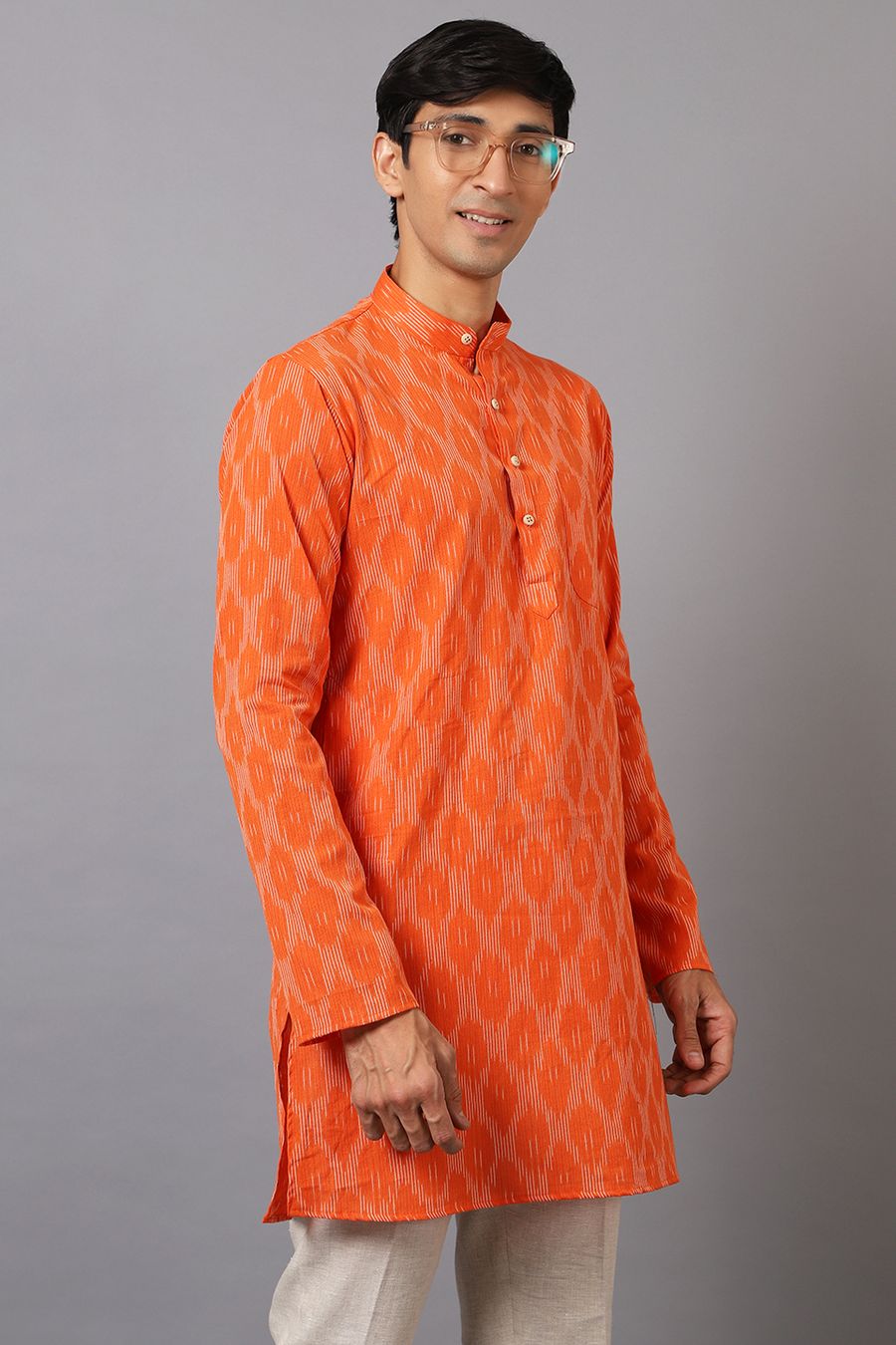 Ikat Cotton Orange Long Kurta