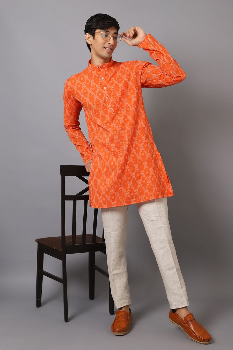 Ikat Cotton Orange Long Kurta