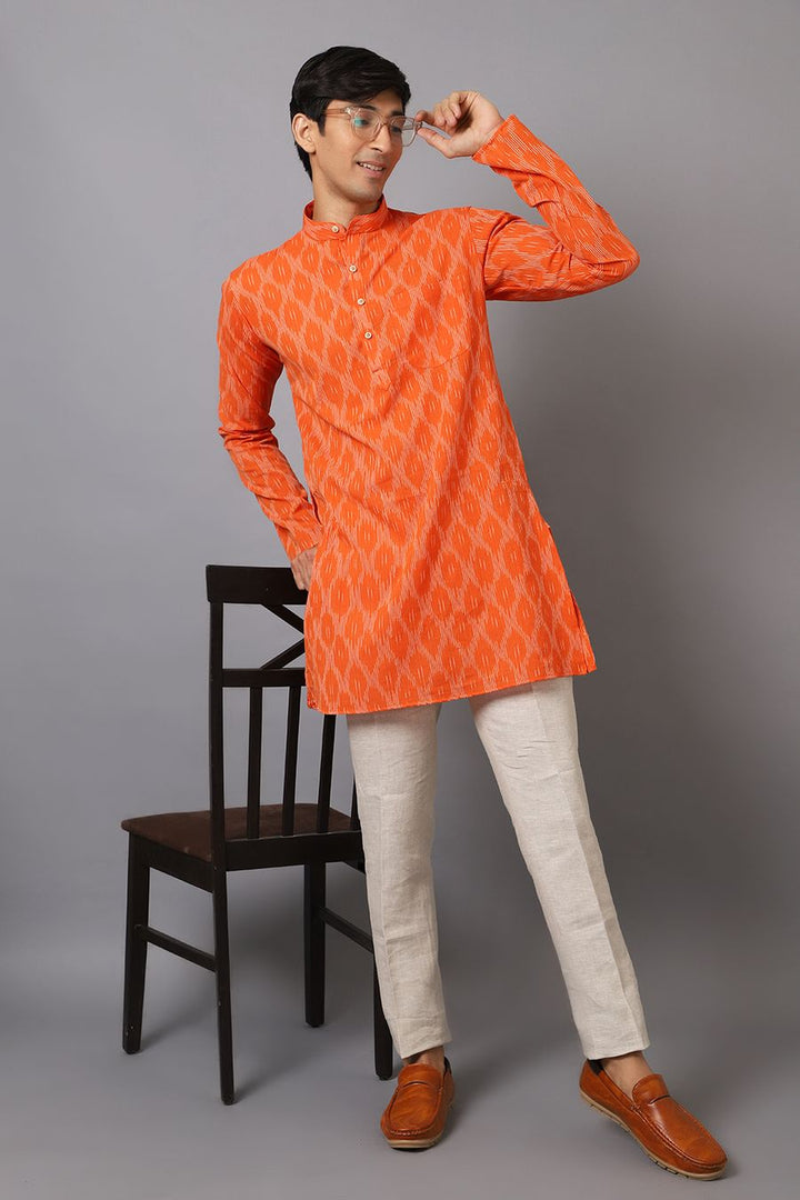 Ikat Cotton Orange Long Kurta