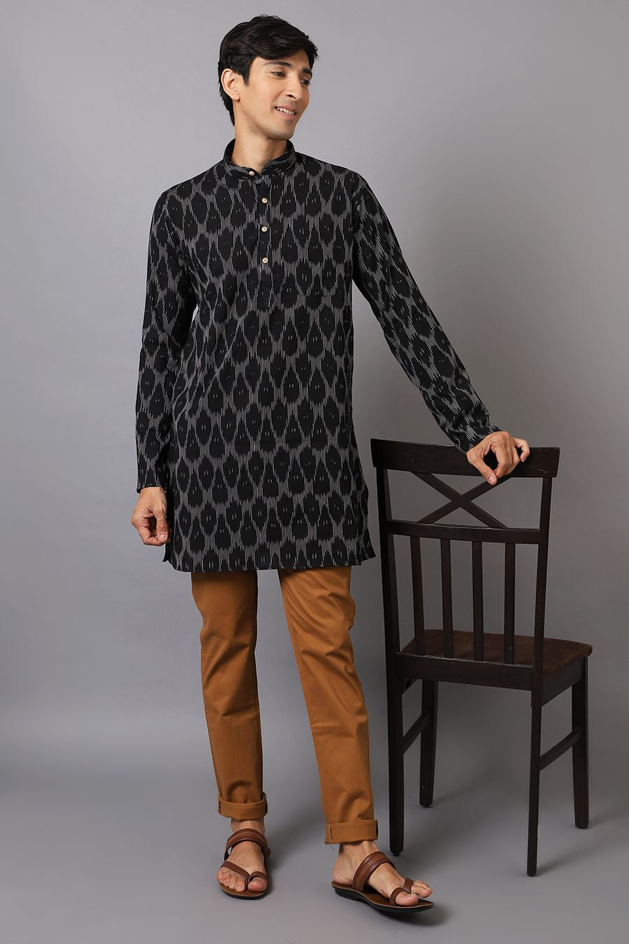Ikat Cotton Black Long Kurta 