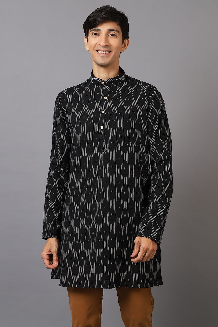 Ikat Cotton Black Long Kurta 