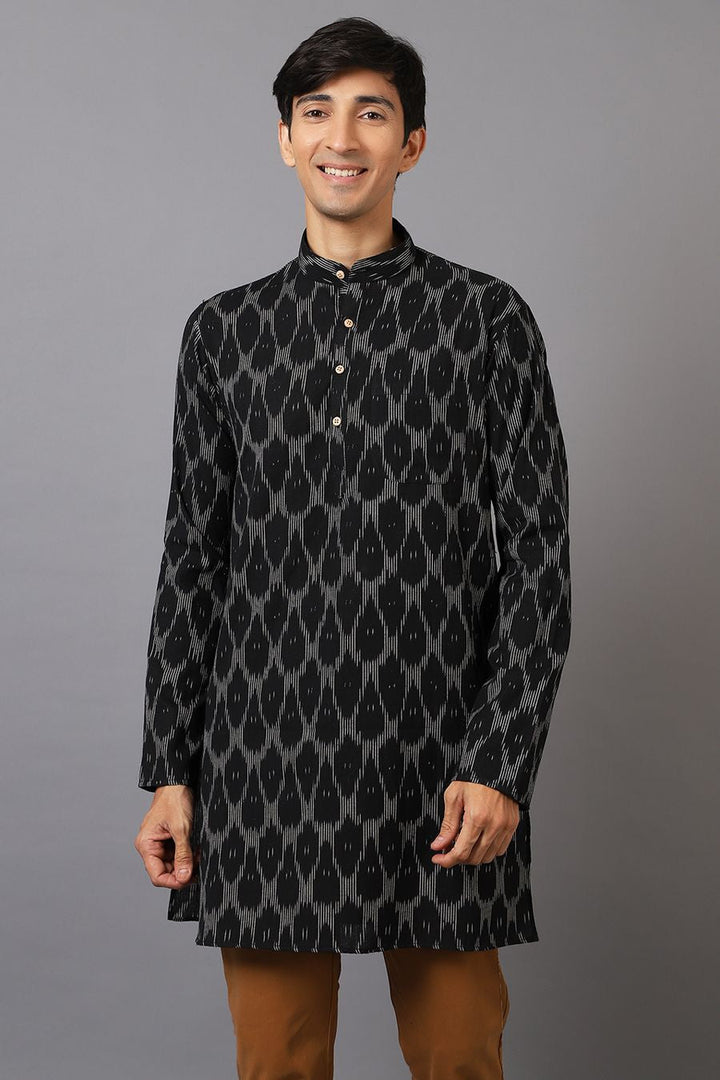 Ikat Cotton Black Long Kurta 