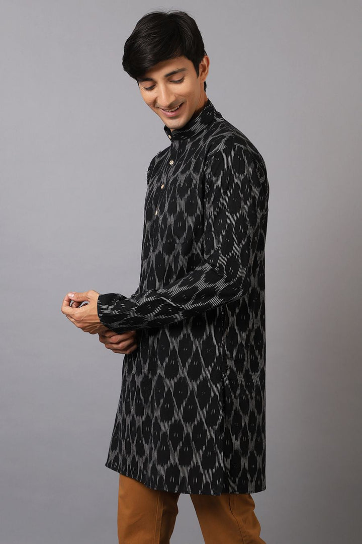 Ikat Cotton Black Long Kurta 