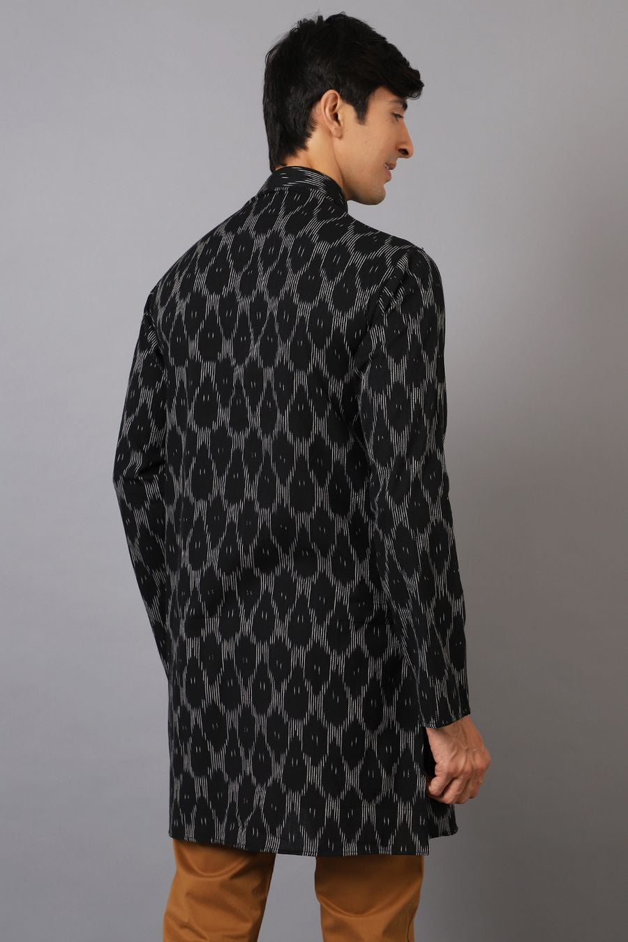 Ikat Cotton Black Long Kurta 