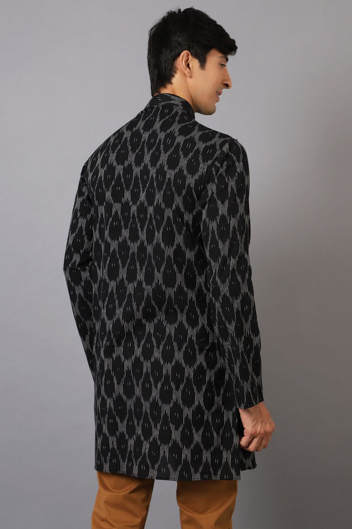 Ikat Cotton Black Long Kurta 