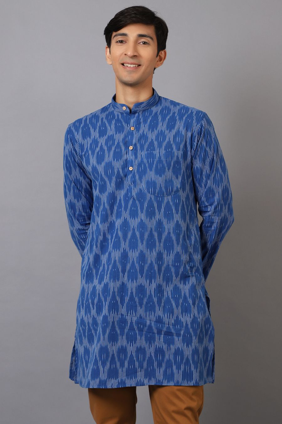 Ikat Cotton Blue Long Kurta 