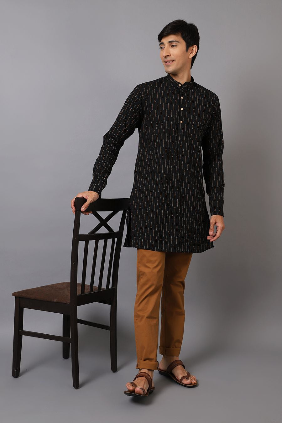 Ikat Cotton Black Long Kurta 