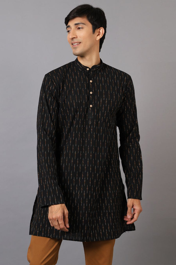 Ikat Cotton Black Long Kurta 