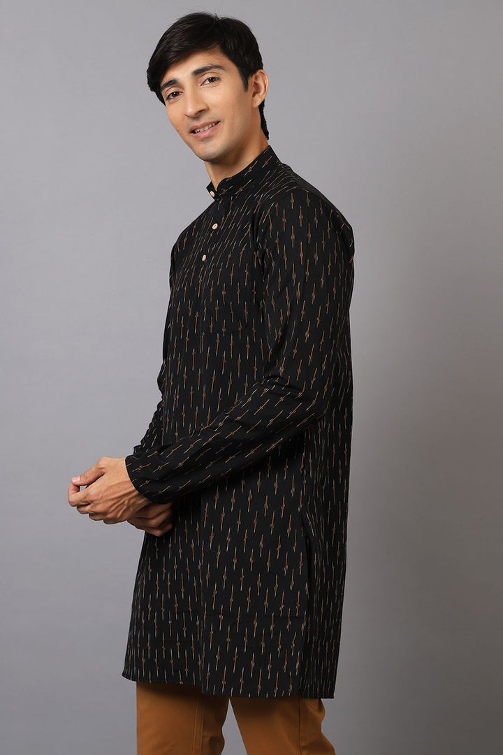 Ikat Cotton Black Long Kurta 