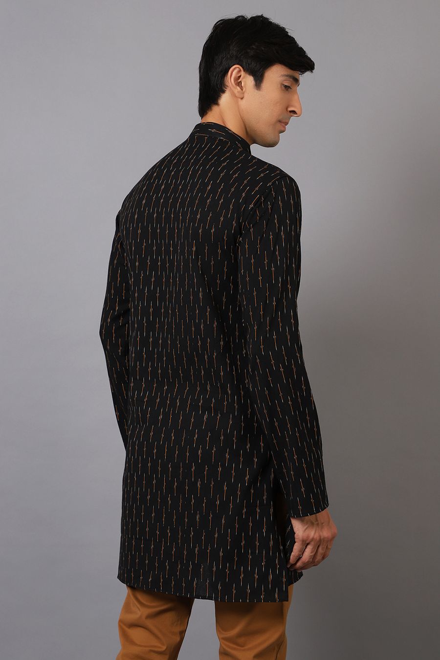 Ikat Cotton Black Long Kurta 