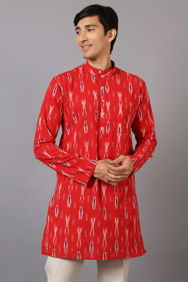 Ikat Cotton Red Long Kurta 