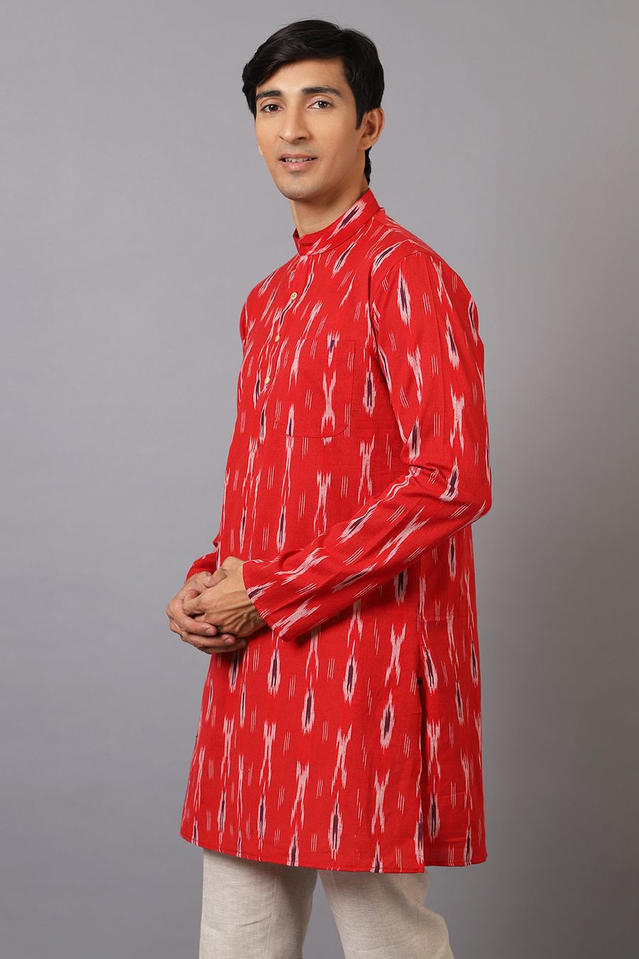 Ikat Cotton Red Long Kurta 