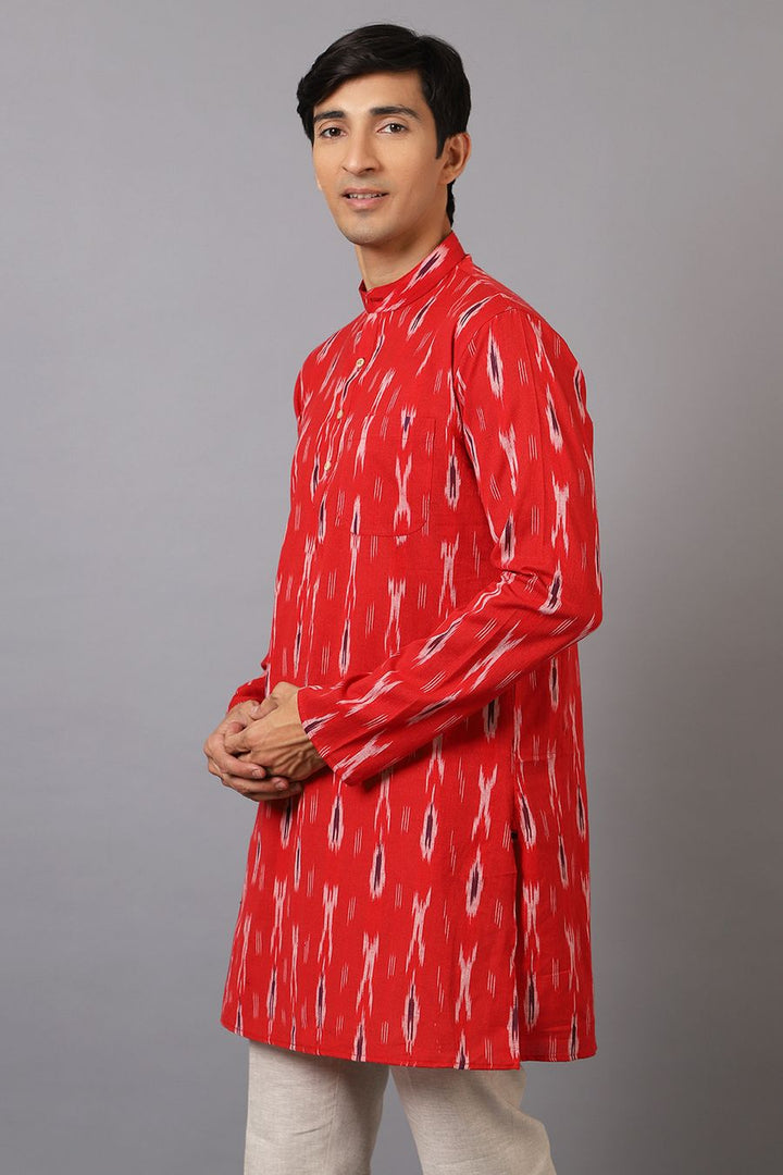 Ikat Cotton Red Long Kurta 