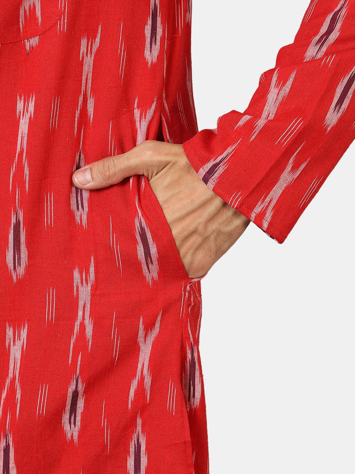 Ikat Cotton Red Long Kurta 