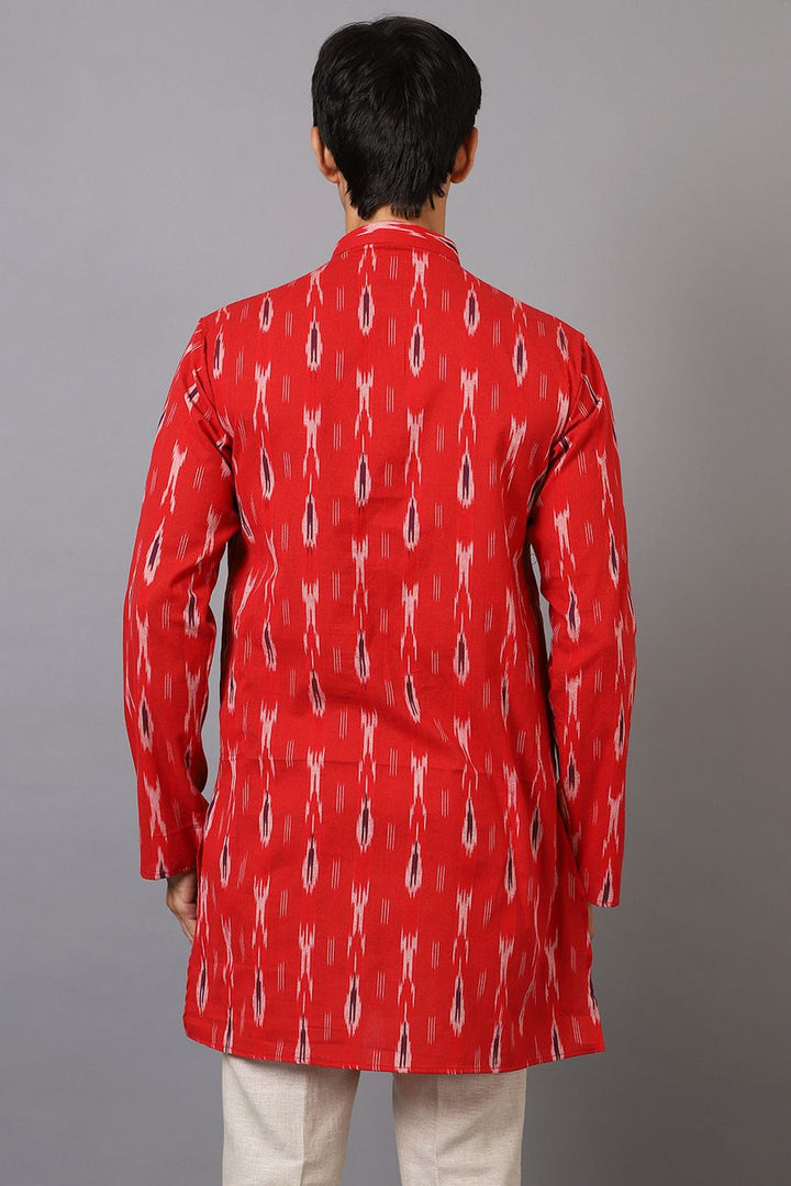Ikat Cotton Red Long Kurta 