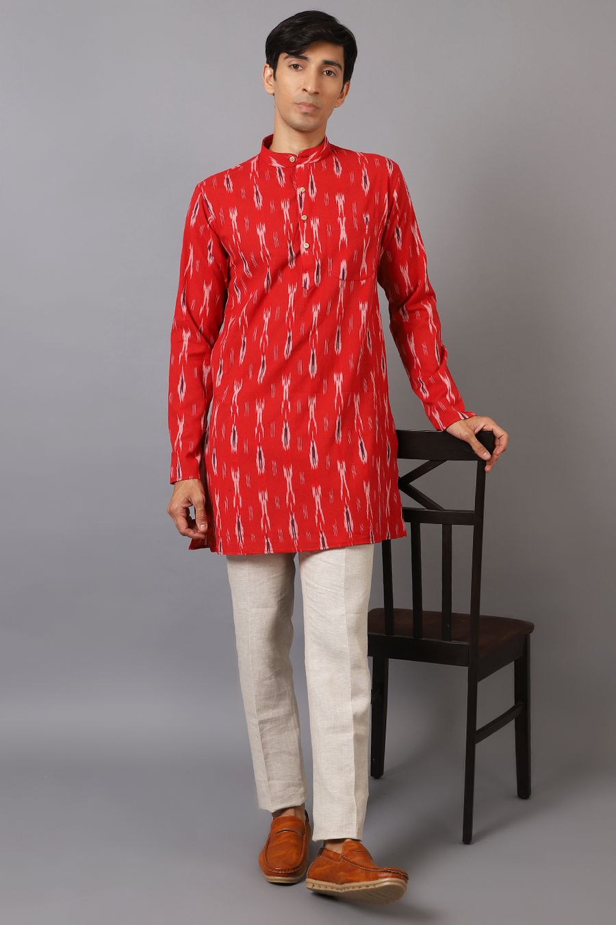 Ikat Cotton Red Long Kurta 