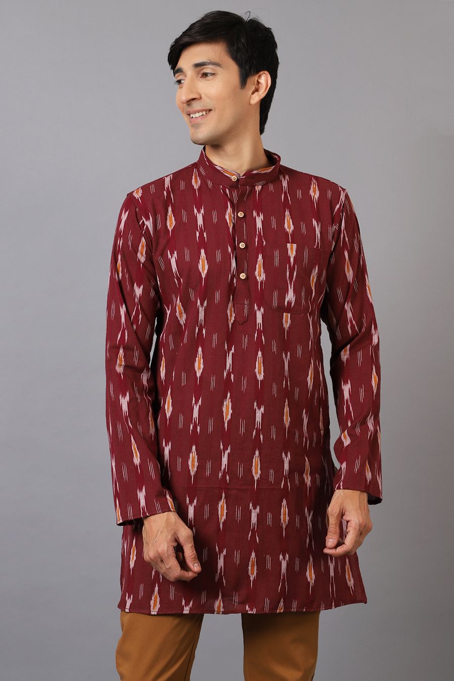 Ikat Cotton Maroon Long Kurta 