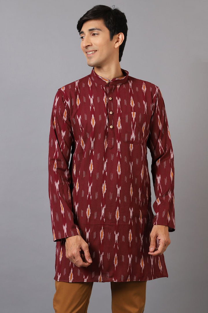 Ikat Cotton Maroon Long Kurta 