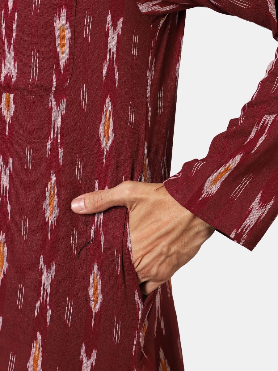 Ikat Cotton Maroon Long Kurta 