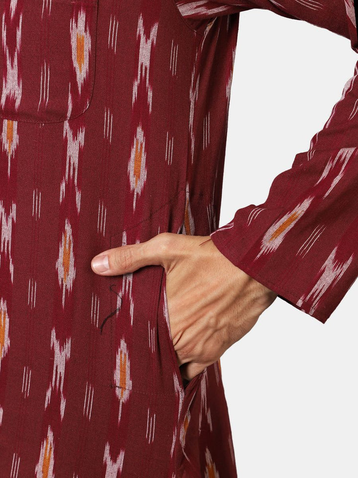 Ikat Cotton Maroon Long Kurta 