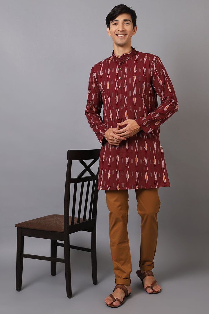 Ikat Cotton Maroon Long Kurta 