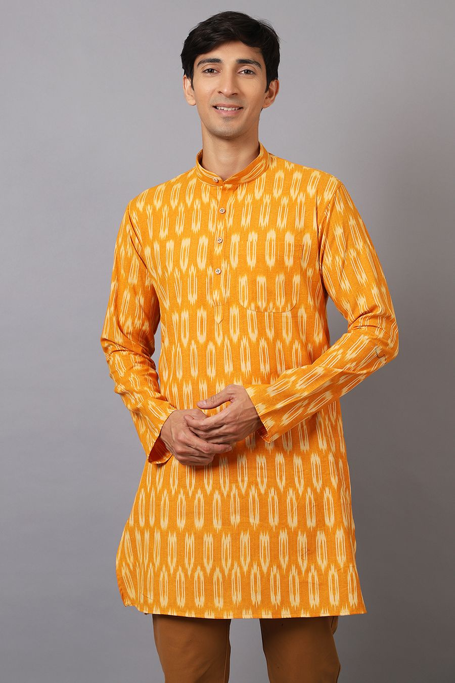 Ikat Cotton Yellow Long Kurta 