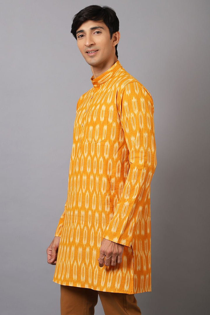 Ikat Cotton Yellow Long Kurta 