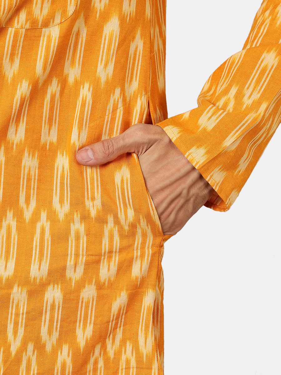 Ikat Cotton Yellow Long Kurta 