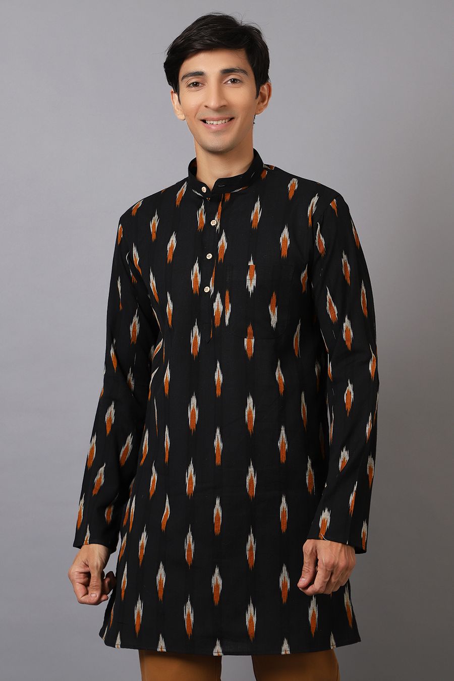 Ikat Cotton Black Long Kurta 