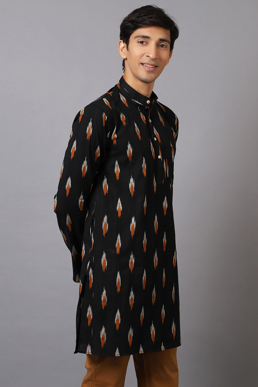 Ikat Cotton Black Long Kurta 