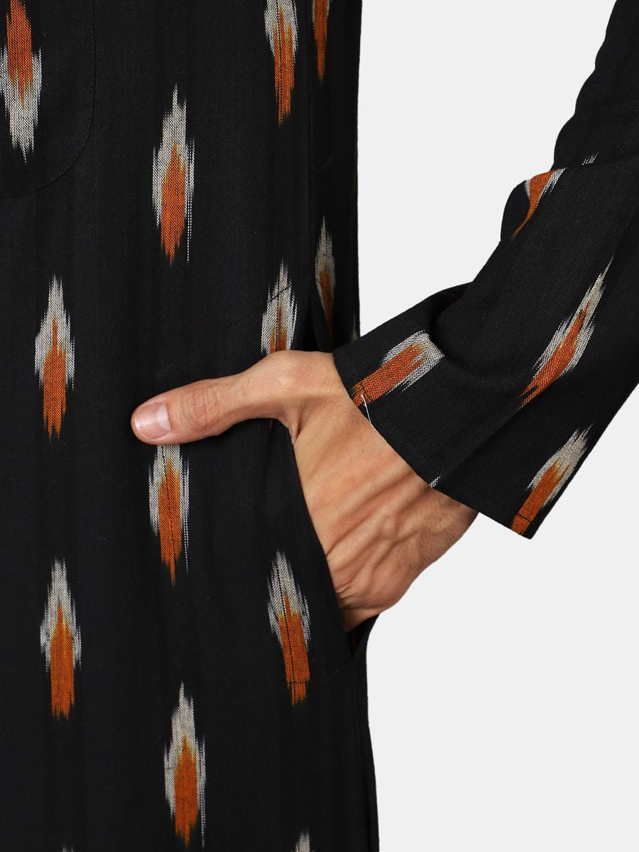 Ikat Cotton Black Long Kurta 