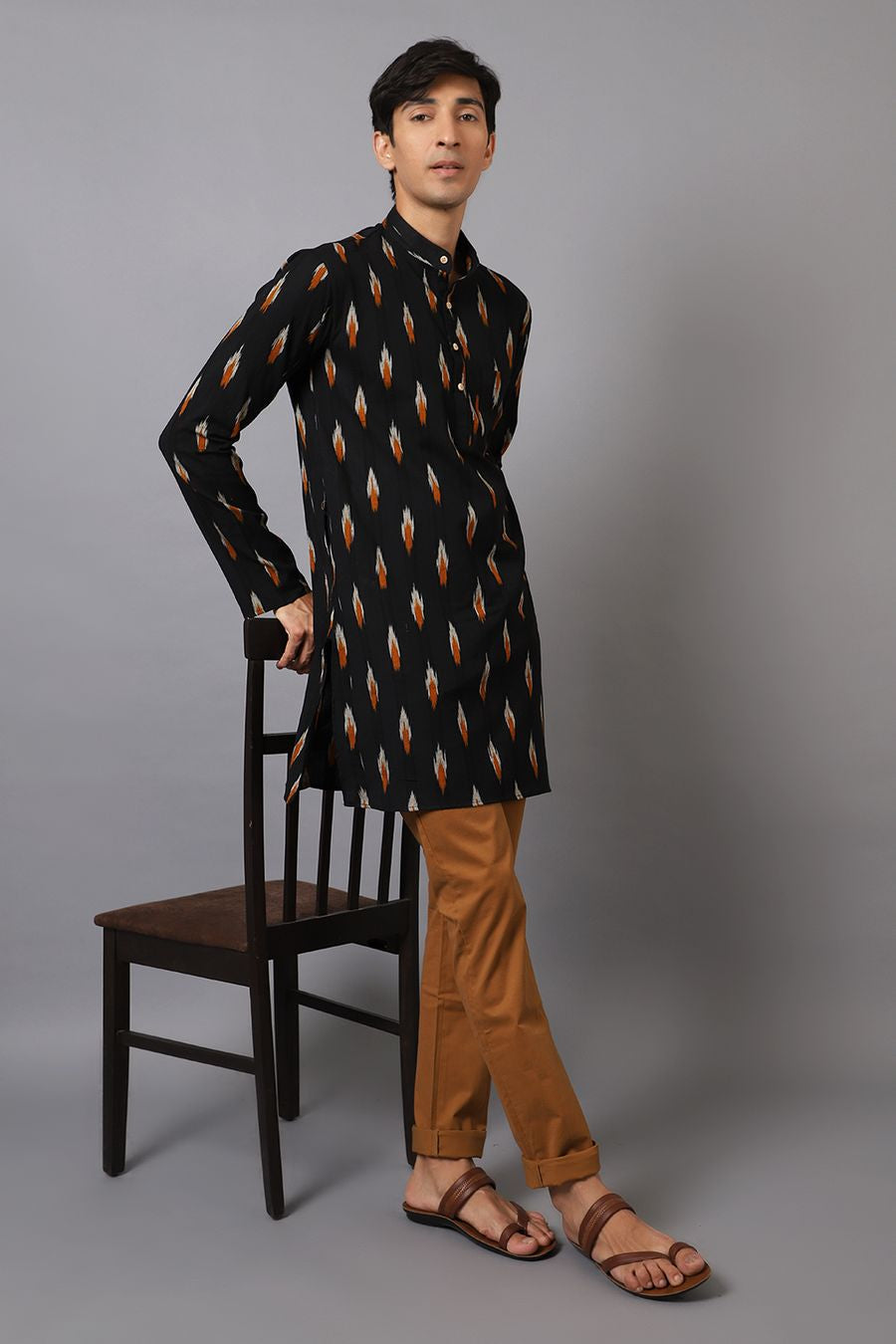 Ikat Cotton Black Long Kurta 