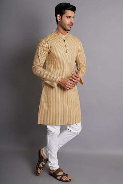 Cotton Yellow Striped Long Kurta Pajama