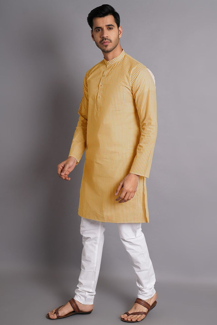 Cotton Brown Striped Long Kurta Pajama