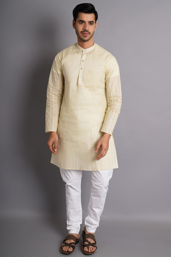 Cotton Cream Striped Long Kurta Pajama