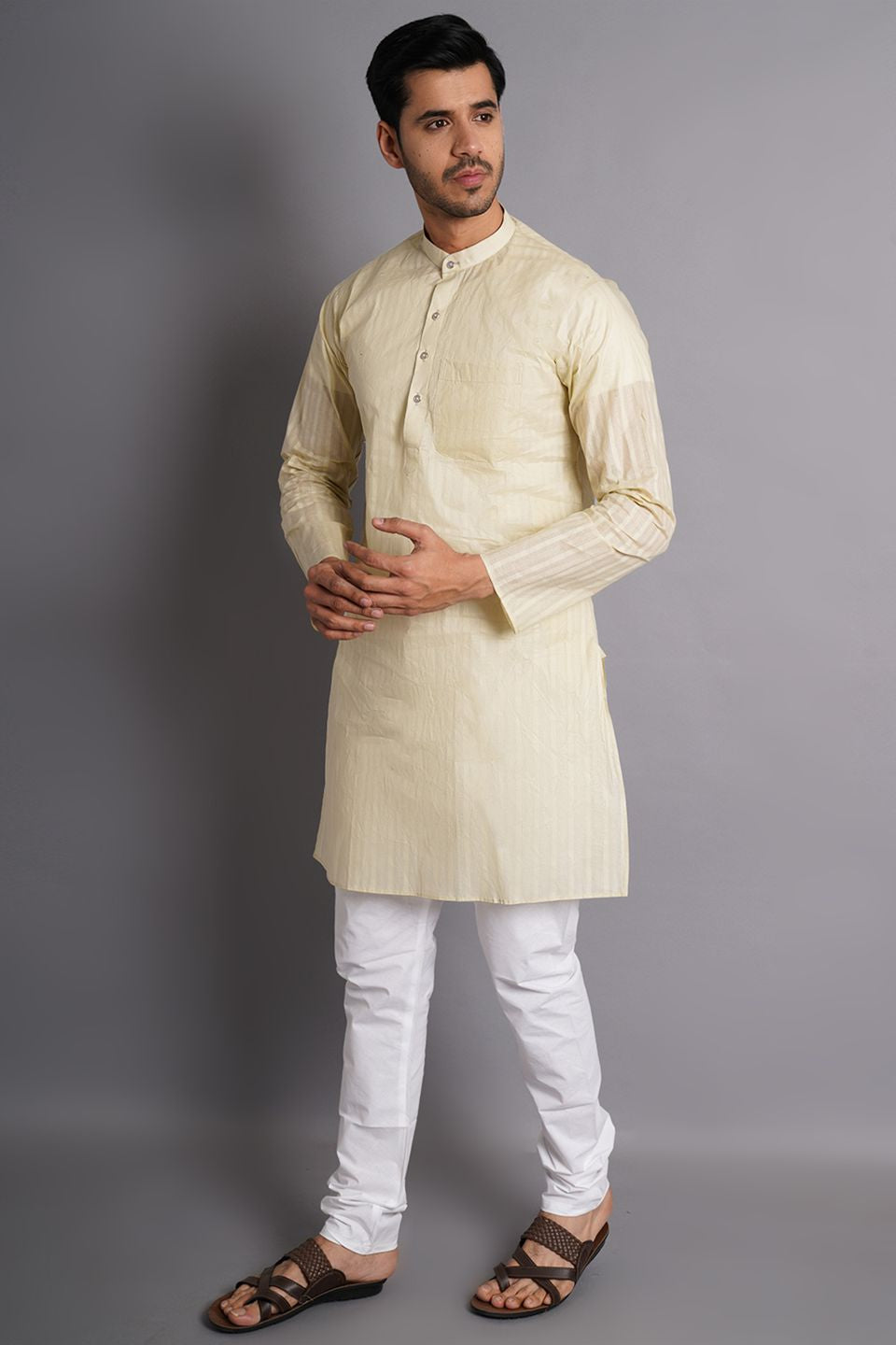 Cotton Cream Striped Long Kurta Pajama
