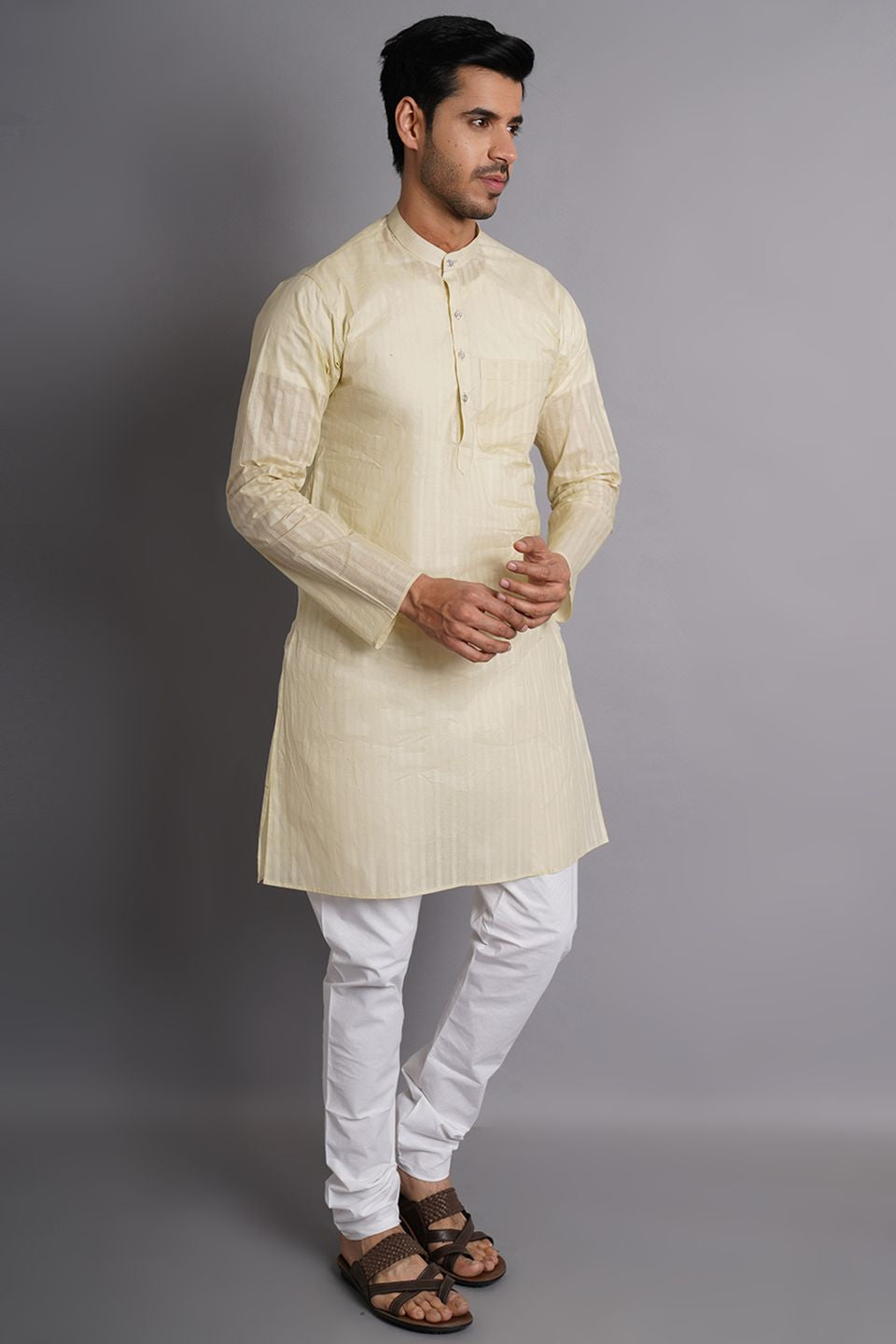 Cotton Cream Striped Long Kurta Pajama