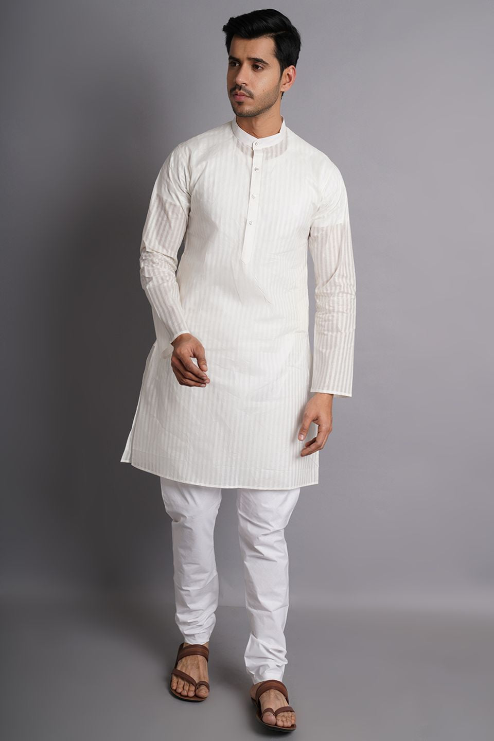 Cotton White Striped Long Kurta Pajama