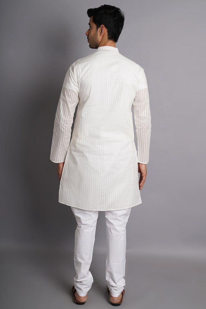 Cotton White Striped Long Kurta Pajama