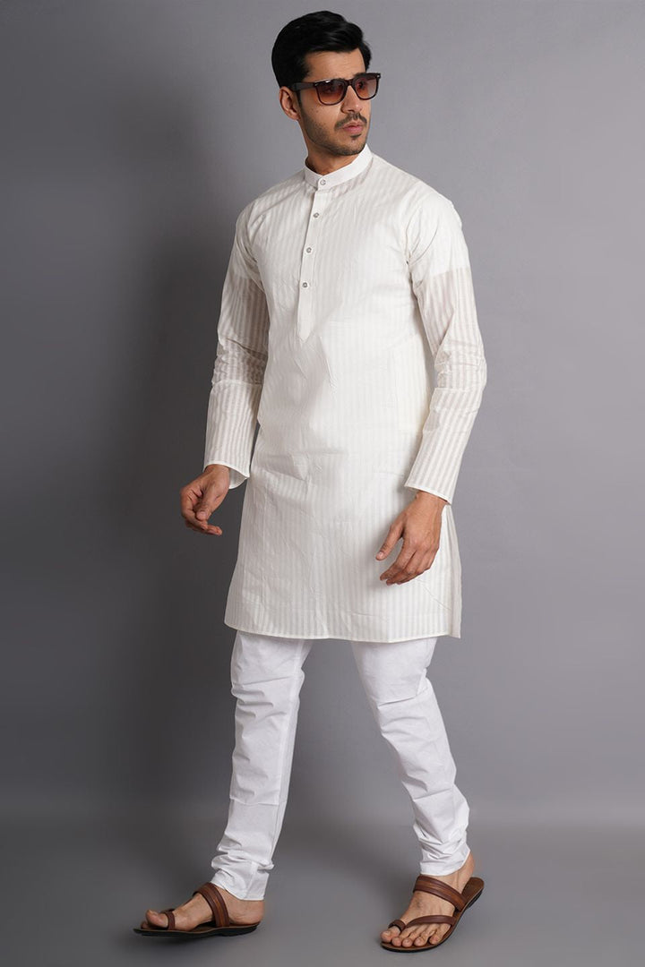 Cotton White Striped Long Kurta Pajama