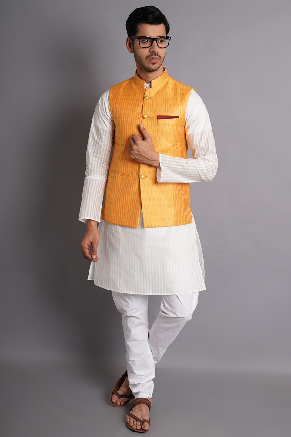 Cotton White Striped Long Kurta Pajama
