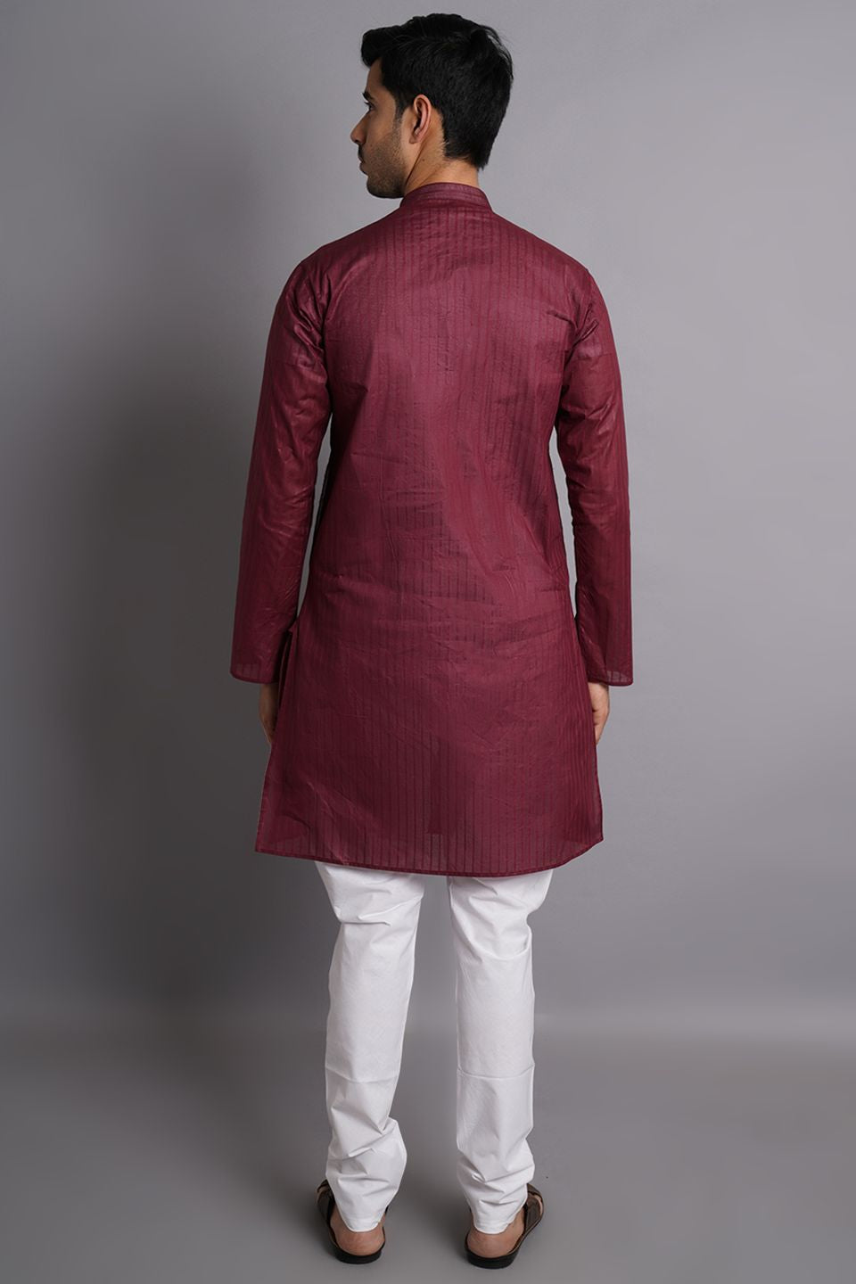 Cotton Maroon Striped Long Kurta Pajama