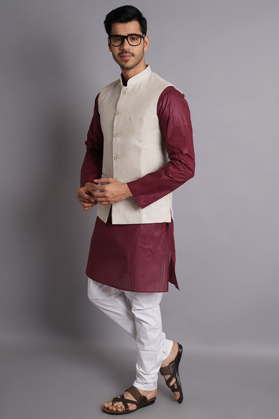 Cotton Maroon Striped Long Kurta Pajama